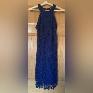 Berydress: Navy Blue Lace Halter Midi Dress (Size 8)